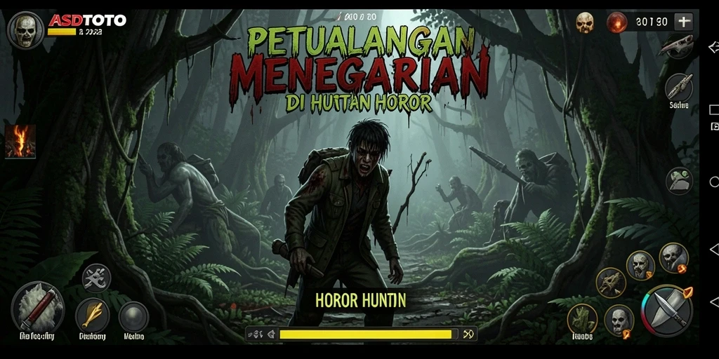 Screenshot menunjukkan suasana mencekam dan karakter dalam hutan horor.