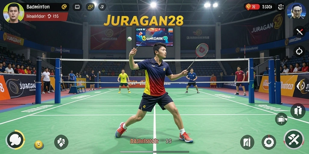 Antarmuka game JURAGAN28 menampilkan lapangan badminton yang realistis.